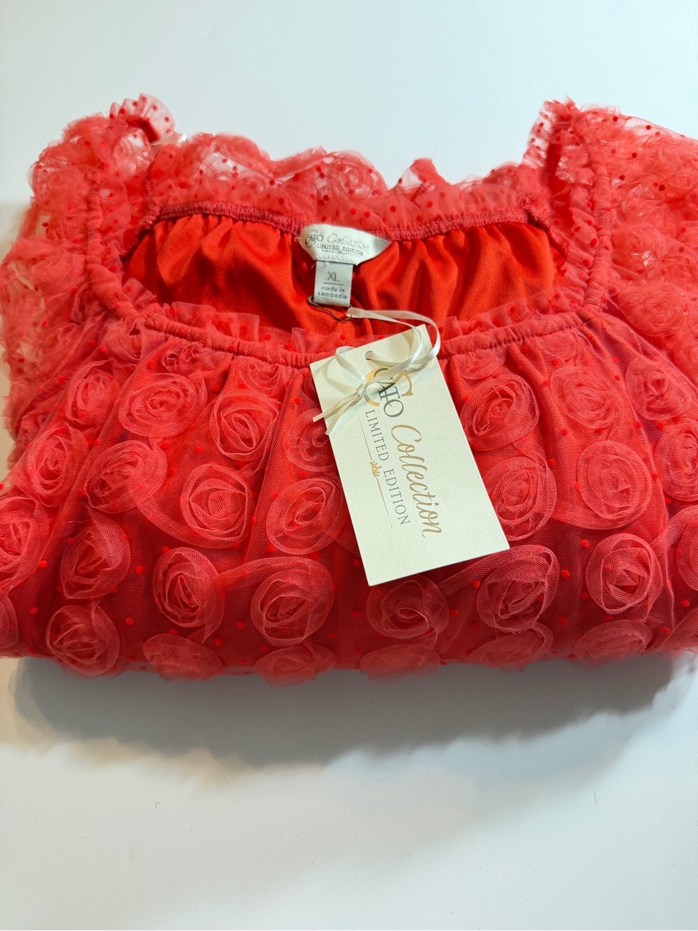 Cato Collection Limited Edition Red Sheer Puff Sleeve 3D Rosette Blouse XL